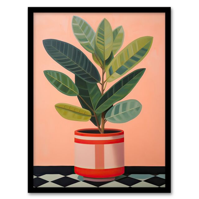 Artery8 Wall Art Print Rubber Plant Pot on Checkerboard Floor Oil Painting Framed in Pink - Size: A4 - image 1