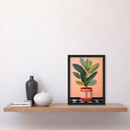 Artery8 Wall Art Print Rubber Plant Pot on Checkerboard Floor Oil Painting Framed in Pink - Size: A4 - thumbnail 4