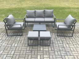 Fimous Aluminium 7 Seater Outdoor Lounge Sofa Set Garden Furniture Sets with Square Coffee Table 2 Chairs 2 Small Footstools Dark Grey - thumbnail 2