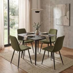 FWStyle Evie Set Of 4 Green Linen Upholstered Black Steel Frame Dining Chairs