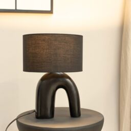 ValueLights Lia Fabric Drum Lamp Shade Black Arch Abstract Ceramic Table Lamp with LED Bulb