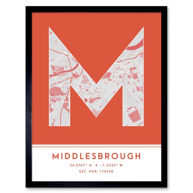"Wee Blue Coo Wall Art Print Middlesbrough England United Kingdom City Map Modern Typography Stylish Letter Framed Word in Orange - Size: W12"" x H16""" - image 1