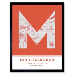 "Wee Blue Coo Wall Art Print Middlesbrough England United Kingdom City Map Modern Typography Stylish Letter Framed Word in Orange - Size: W12"" x H16""" - thumbnail 1