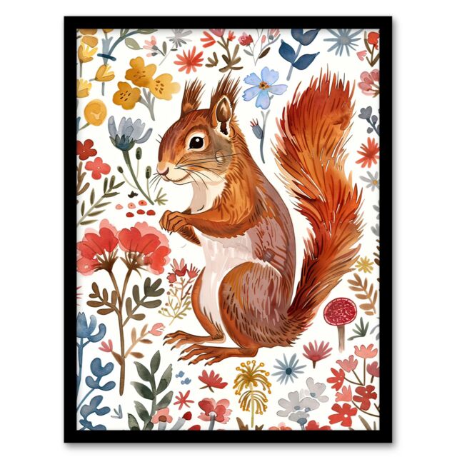 "Artery8 Cute Red Squirrel Bright Floral Watercolour Framed Wall Art - Size: W12"" x H16""" - image 1
