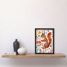 "Artery8 Cute Red Squirrel Bright Floral Watercolour Framed Wall Art - Size: W12"" x H16""" - thumbnail 4