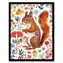 "Artery8 Cute Red Squirrel Bright Floral Watercolour Framed Wall Art - Size: W12"" x H16""" - thumbnail 1