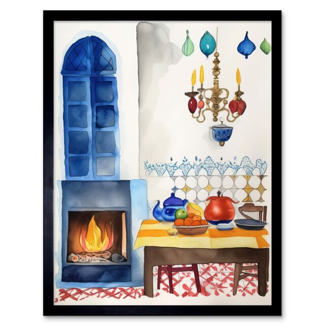 "Artery8 Wall Art Print Kitchen Fireplace In Traditional Spanish Home Folk Art Watercolour Painting Art Framed in Black - Size: W12"" x H16""" - image 1