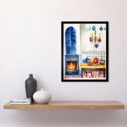 "Artery8 Wall Art Print Kitchen Fireplace In Traditional Spanish Home Folk Art Watercolour Painting Art Framed in Black - Size: W12"" x H16""" - thumbnail 2
