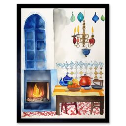 "Artery8 Wall Art Print Kitchen Fireplace In Traditional Spanish Home Folk Art Watercolour Painting Art Framed in Black - Size: W12"" x H16""" - thumbnail 1