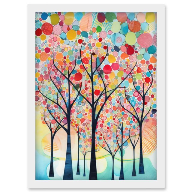 Artery8 Colourful Trees Blooming In Spring Folk Art Watercolour Painting Artwork Framed Wall Art Print A4 in White - image 1