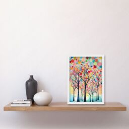 Artery8 Colourful Trees Blooming In Spring Folk Art Watercolour Painting Artwork Framed Wall Art Print A4 in White - thumbnail 2