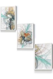 ARTZE Set of 3 White Framed Abstract Aqua Grey Mixed Media Fractal Wall Art - Size: W53 cm x H73 cm x D20mm - thumbnail 1