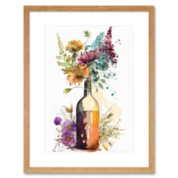 "Artery8 Wall Art Print Spring Wildflower Bouquet in a Glass Wine Bottle Artwork Framed 9X7 Inch in Beige - Size: W7"" x H9""" - thumbnail 1