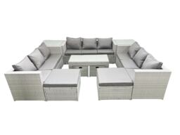 Fimous Outdoor Rattan Garden Furniture Set with Grey Cushions Luxury 13 Seater with Coffee Table & 2 Side Tables For Conservatory, Patio in Light Grey