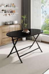 Living and Home Outdoor Folding Table with Umbrella Hole in Black - Size: Large - thumbnail 2