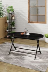 Living and Home Outdoor Folding Table with Umbrella Hole in Black - Size: Large - thumbnail 1