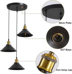 Goeco Industrial Pendant Lights Black Metal chandelier E27 Adjustable Cable - thumbnail 3
