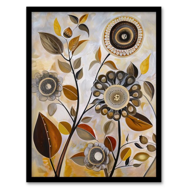 "Artery8 Autumn Folk Art Abstract Wildflowers Painting Framed Art Print in Brown - Size: W12"" x H16""" - image 1