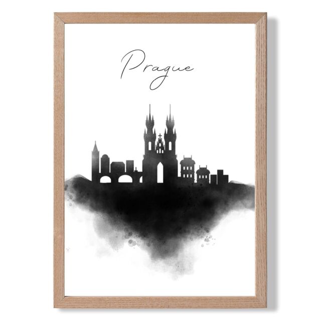ARTZE Prague Watercolour Skyline City Framed Print SIZE: A4 with Oak Frame in Black - Size: A2 - image 1