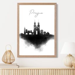 ARTZE Prague Watercolour Skyline City Framed Print SIZE: A4 with Oak Frame in Black - Size: A2 - thumbnail 2