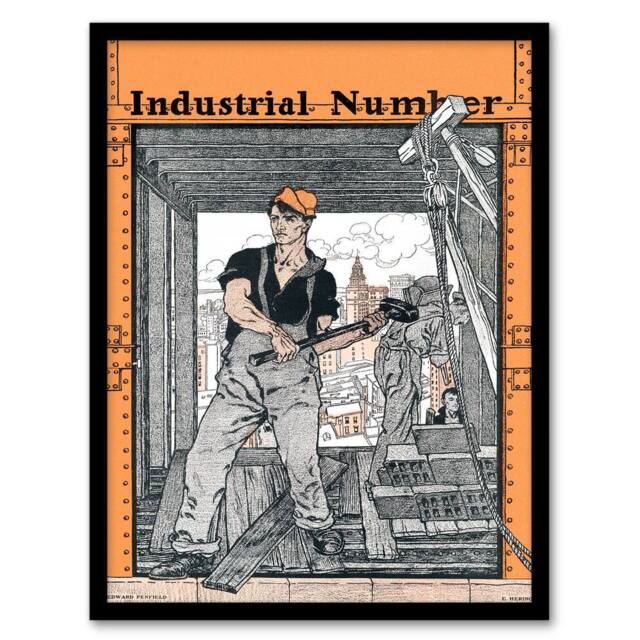 Artery8 Edward Penfield Framed Wall Art Print Industrial Number Worker in Orange - Size: A4 - image 1