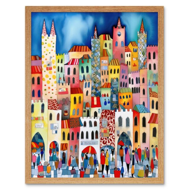 "Artery8 Wall Art Print Busy Street Vertical Cityscape Folk Art Watercolour Painting Art Framed in Light Oak - Size: W12"" x H16""" - image 1