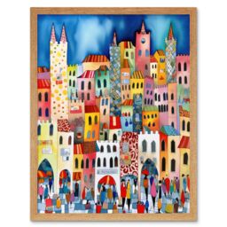 "Artery8 Wall Art Print Busy Street Vertical Cityscape Folk Art Watercolour Painting Art Framed in Light Oak - Size: W12"" x H16""" - thumbnail 1