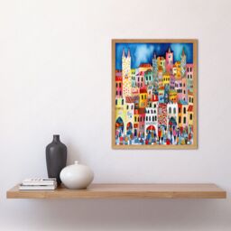 "Artery8 Wall Art Print Busy Street Vertical Cityscape Folk Art Watercolour Painting Art Framed in Light Oak - Size: W12"" x H16""" - thumbnail 2