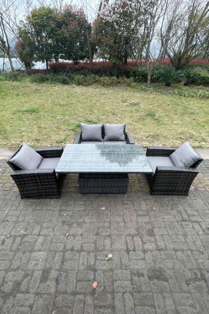 Fimous Rattan Outdoor Furniture Adjustable Rising Lifting Rectangle Dining Table Chairs 4 Seater in Dark Grey