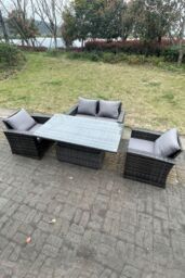 Fimous Rattan Outdoor Furniture Adjustable Rising Lifting Rectangle Dining Table Chairs 4 Seater in Dark Grey - thumbnail 3