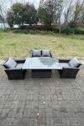 Fimous Rattan Outdoor Furniture Adjustable Rising Lifting Rectangle Dining Table Chairs 4 Seater in Dark Grey - thumbnail 1