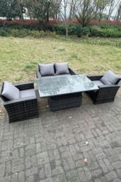 Fimous Rattan Outdoor Furniture Adjustable Rising Lifting Rectangle Dining Table Chairs 4 Seater in Dark Grey - thumbnail 2
