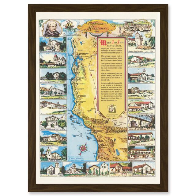 Artery8 Pictorial Map Putnam 1949 California Missions History Artwork Framed Wall Art Print A4 in Brown - image 1