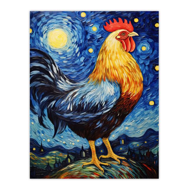 "Artery8 Waiting For The Dawn Rooster Cockerel In Van Gogh Starry Night Style Unframed Wall Art Print Poster Home Decor Premium - Size: W12"" x H16""" - image 1