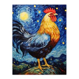 "Artery8 Waiting For The Dawn Rooster Cockerel In Van Gogh Starry Night Style Unframed Wall Art Print Poster Home Decor Premium - Size: W12"" x H16""" - thumbnail 1