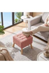 Living and Home Chenille Upholstered Footstool in Pink - thumbnail 2