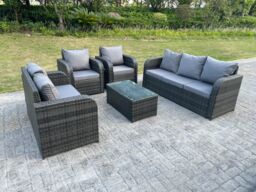 Fimous PE Rattan Garden Furniture Set Adjustable Chair Sofa Double Love Seat Lounge Set Oblong Coffee Table in Dark Grey - thumbnail 1