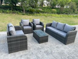 Fimous PE Rattan Garden Furniture Set Adjustable Chair Sofa Double Love Seat Lounge Set Oblong Coffee Table in Dark Grey - thumbnail 2