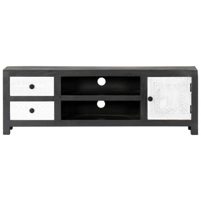 Berkfield Home Hand Carved TV Cabinet Grey&White 120x30x40 cm Solid Wood Mango in Grey - Size: 120 x 30 x 40 cm