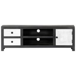 Berkfield Home Hand Carved TV Cabinet Grey&White 120x30x40 cm Solid Wood Mango in Grey - Size: 120 x 30 x 40 cm - thumbnail 1