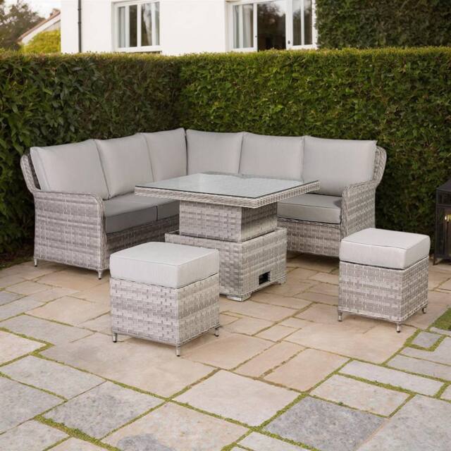 Furnishings For Less UK Grey Rattan Garden Corner Sofa Set with Rising Table & Cushions - image 1