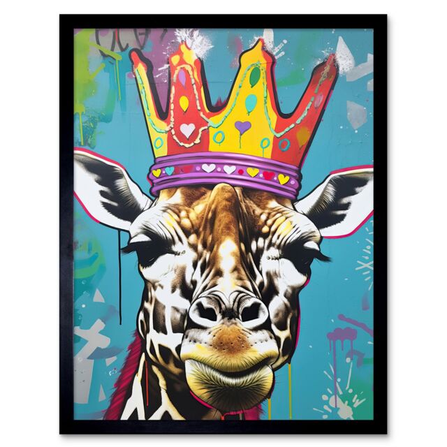 "Artery8 Wall Art Print Giraffe With Queen Birthday Crown Modern Pop Art Framed in Black - Size: W12"" x H16""" - image 1