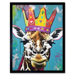 "Artery8 Wall Art Print Giraffe With Queen Birthday Crown Modern Pop Art Framed in Black - Size: W12"" x H16""" - thumbnail 1