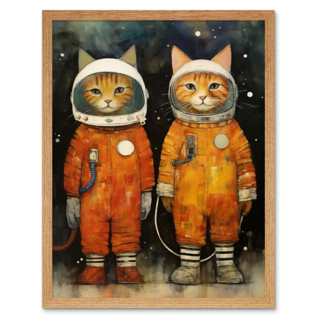 "Artery8 Wall Art Print Cosmic Cats in Outer Space Moon Walk Fun Kids Bedroom Artwork Art Framed in Light Oak - Size: W12"" x H16""" - image 1
