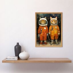 "Artery8 Wall Art Print Cosmic Cats in Outer Space Moon Walk Fun Kids Bedroom Artwork Art Framed in Light Oak - Size: W12"" x H16""" - thumbnail 2