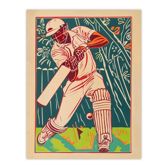 "Artery8 Cricket Player Batsman Shot Bright Portrait Wall Art Print in Beige - Size: W18"" x H24""" - image 1