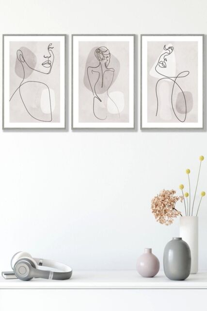 ARTZE Set of 3 Framed Beige & Grey Female Line Art Prints 45cm(W) x 62cm(H) in Light Grey - Size: 45 cm(W) x 62 cm(H) - image 1