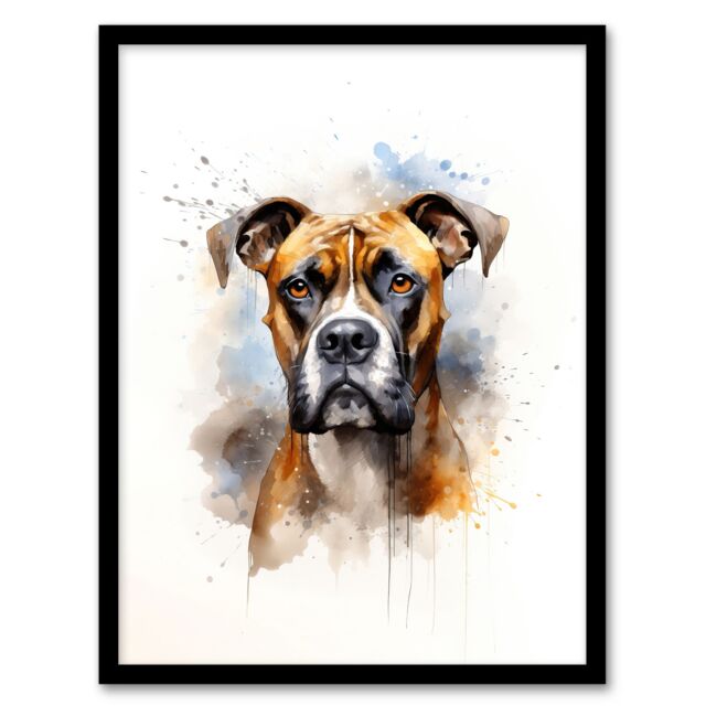 "Artery8 Wall Art Print Brindle Boxer Lovers Gift Watercolour Pet Portrait Painting Artwork Art Framed - Size: W12"" x H16""" - image 1