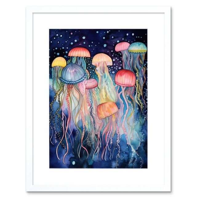 "Artery8 Wall Art Print Group Of Jellyfish Multicoloured Folk Art Watercolour Painting Artwork Framed 9X7 Inch in White - Size: W7"" x H9""" - image 1