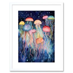 "Artery8 Wall Art Print Group Of Jellyfish Multicoloured Folk Art Watercolour Painting Artwork Framed 9X7 Inch in White - Size: W7"" x H9""" - thumbnail 1